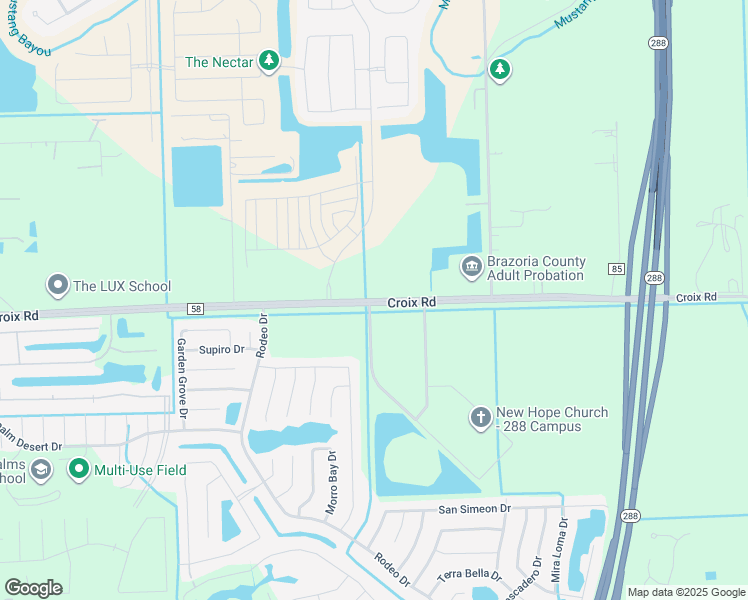 map of restaurants, bars, coffee shops, grocery stores, and more near 3115 County Road 58 in Manvel