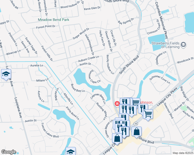 map of restaurants, bars, coffee shops, grocery stores, and more near 1039 Shallow Springs Lane in League City
