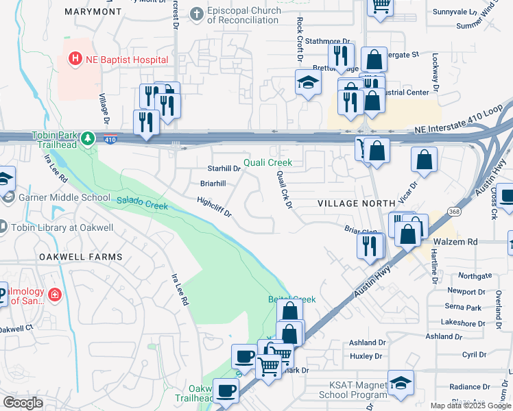map of restaurants, bars, coffee shops, grocery stores, and more near 8258 Campobello Drive in San Antonio