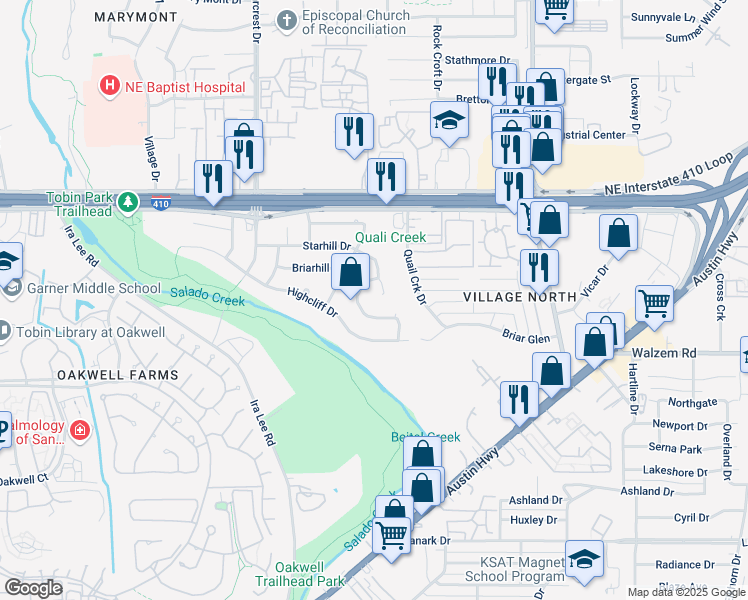 map of restaurants, bars, coffee shops, grocery stores, and more near 8258 Campobello Drive in San Antonio