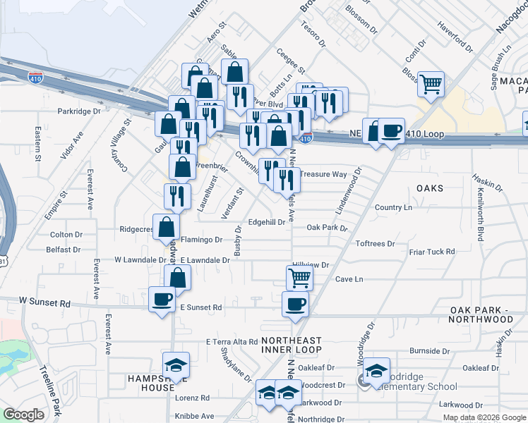 map of restaurants, bars, coffee shops, grocery stores, and more near 8216 Greenbrier in San Antonio