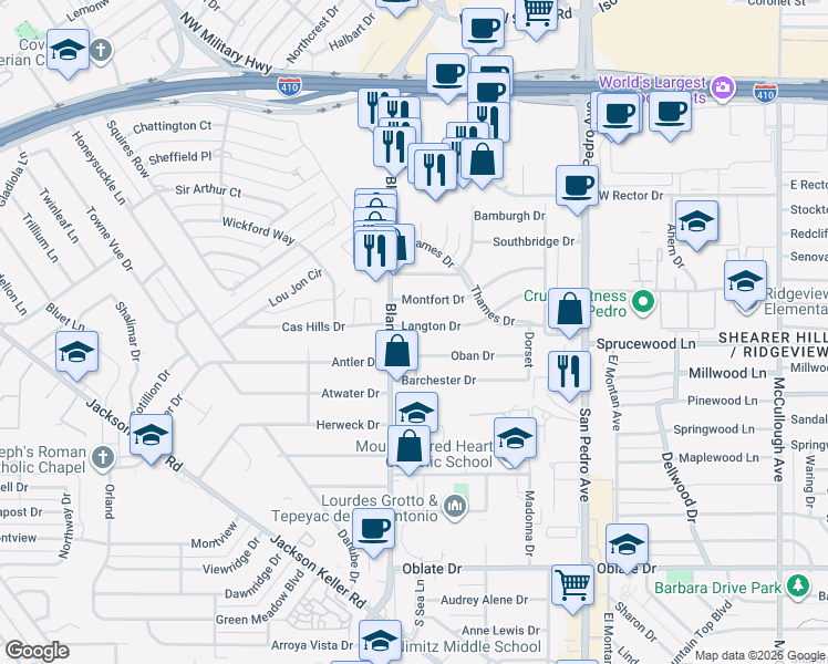 map of restaurants, bars, coffee shops, grocery stores, and more near 358 Langton Drive in San Antonio