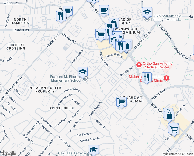 map of restaurants, bars, coffee shops, grocery stores, and more near 7815 Bantry Court in San Antonio