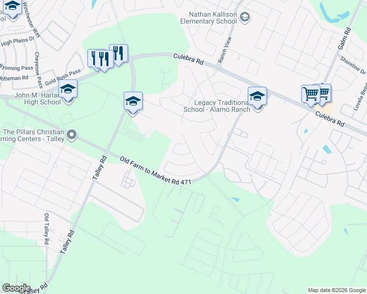 map of restaurants, bars, coffee shops, grocery stores, and more near 13906 Ashgrove in San Antonio