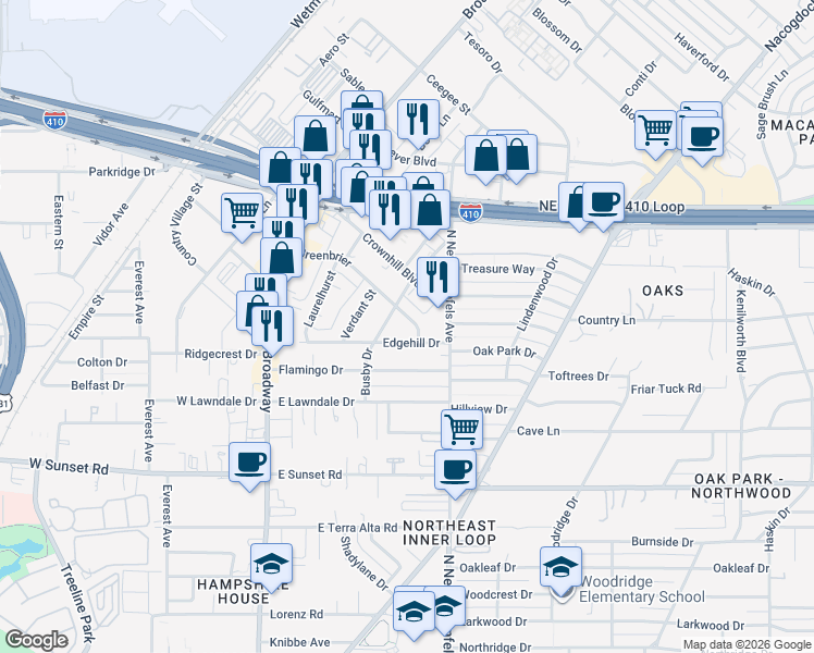 map of restaurants, bars, coffee shops, grocery stores, and more near 8216 Greenbrier Drive in San Antonio