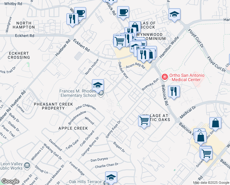 map of restaurants, bars, coffee shops, grocery stores, and more near 7815 Bantry Court in San Antonio