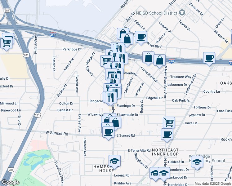 map of restaurants, bars, coffee shops, grocery stores, and more near 8222 Broadway in San Antonio