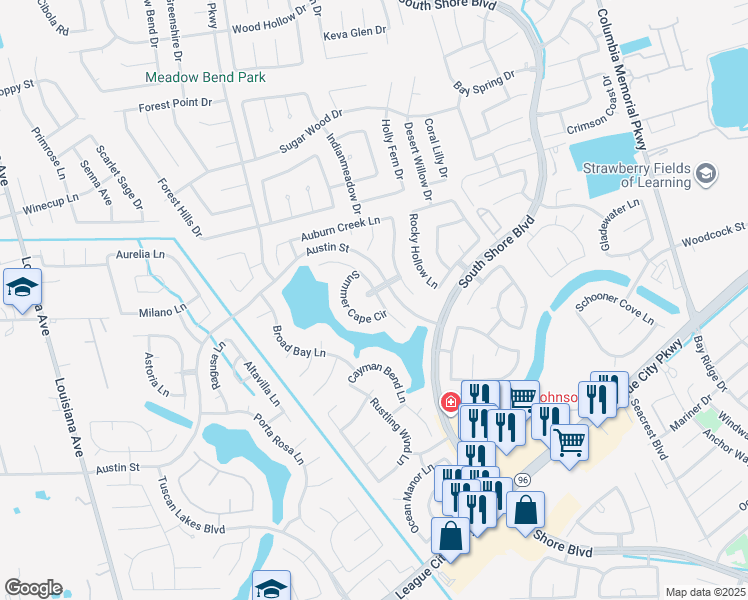 map of restaurants, bars, coffee shops, grocery stores, and more near 1039 Shallow Springs Lane in League City