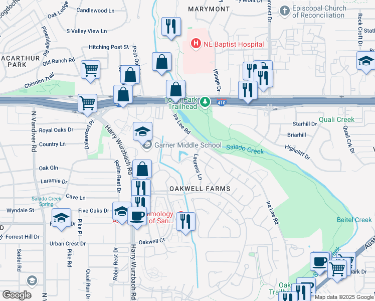map of restaurants, bars, coffee shops, grocery stores, and more near 8555 Laurens Lane in San Antonio