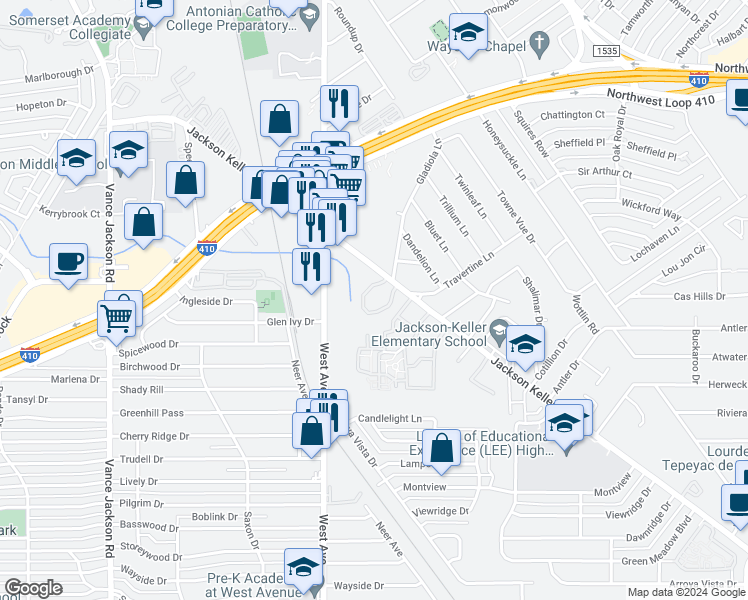 map of restaurants, bars, coffee shops, grocery stores, and more near 1802 Jackson Keller Road in San Antonio