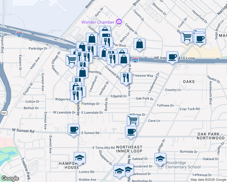 map of restaurants, bars, coffee shops, grocery stores, and more near 322 Busby Drive in San Antonio