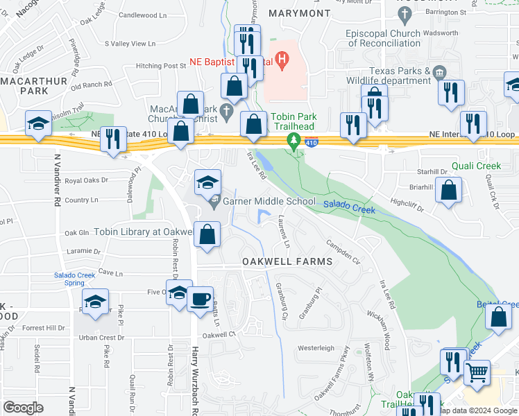 map of restaurants, bars, coffee shops, grocery stores, and more near 8555 Laurens Lane in San Antonio