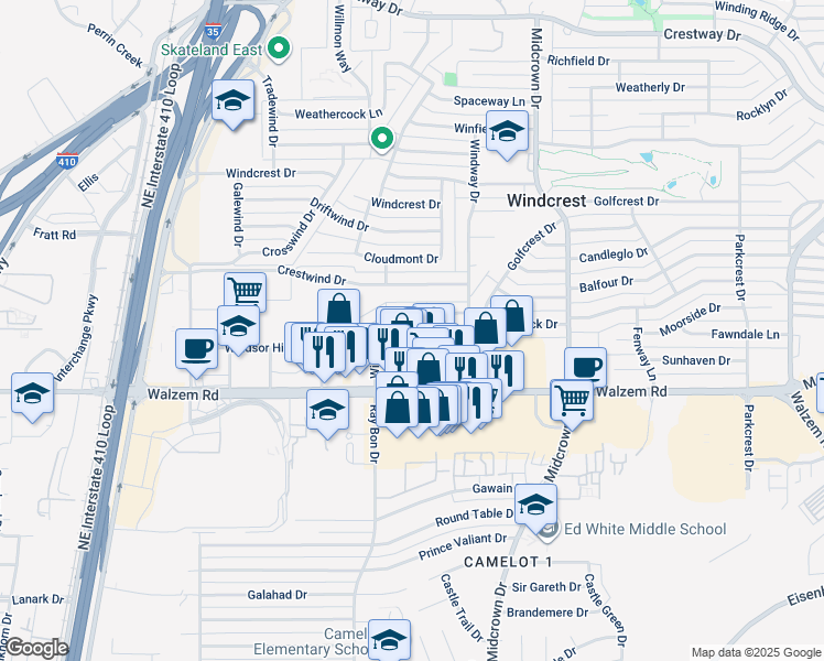 map of restaurants, bars, coffee shops, grocery stores, and more near 8321 Windway Drive in San Antonio