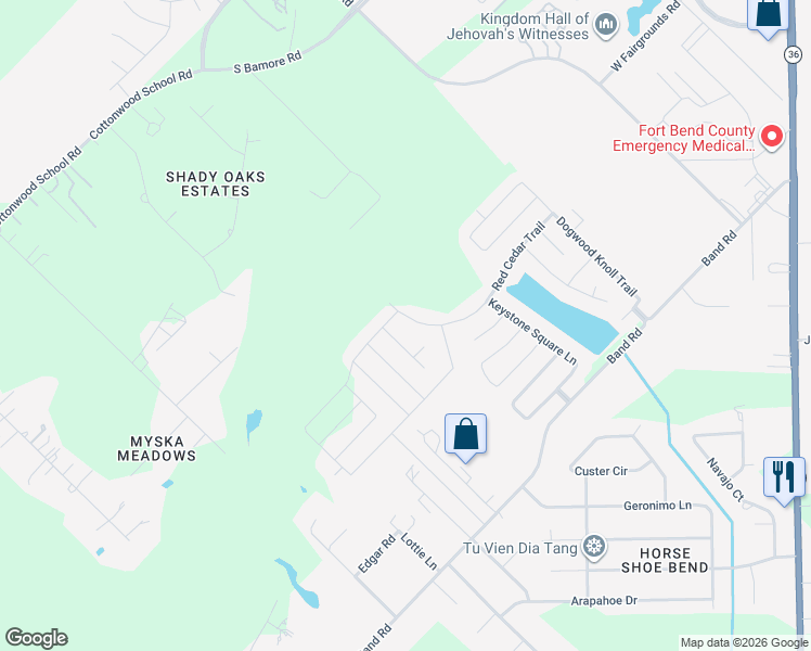 map of restaurants, bars, coffee shops, grocery stores, and more near 2135 Red Cedar Trail in Rosenberg