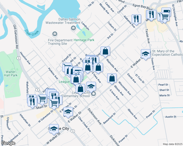 map of restaurants, bars, coffee shops, grocery stores, and more near 821 East Main Street in League City