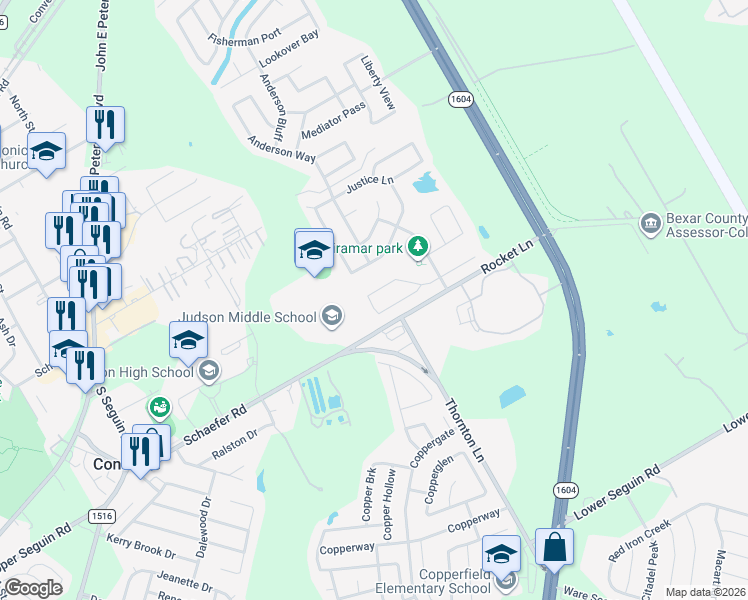 map of restaurants, bars, coffee shops, grocery stores, and more near 9607 Common Law in Converse