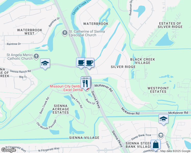 map of restaurants, bars, coffee shops, grocery stores, and more near 4111 Silver Ridge Boulevard in Missouri City