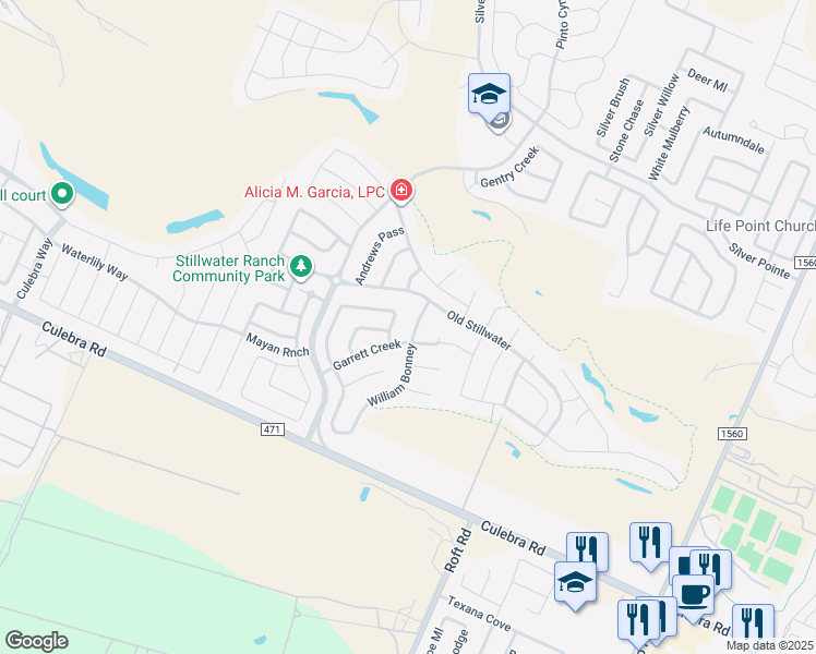 map of restaurants, bars, coffee shops, grocery stores, and more near 7815 William Bonney in San Antonio