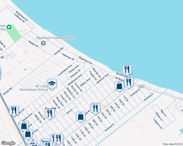 map of restaurants, bars, coffee shops, grocery stores, and more near 4130 Warren Street in Bacliff