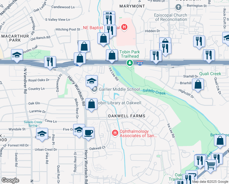 map of restaurants, bars, coffee shops, grocery stores, and more near 8555 Laurens Lane in San Antonio