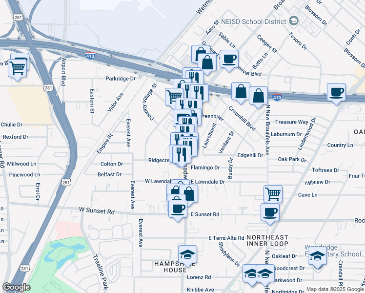 map of restaurants, bars, coffee shops, grocery stores, and more near 8222 Broadway in San Antonio