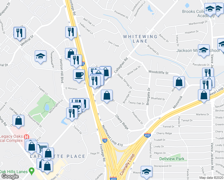 map of restaurants, bars, coffee shops, grocery stores, and more near 8100 Pinebrook Drive in San Antonio