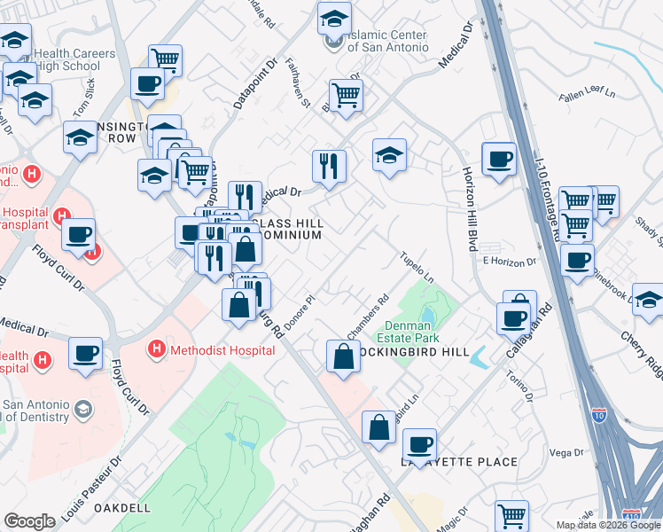 map of restaurants, bars, coffee shops, grocery stores, and more near 5 Donore Square in San Antonio