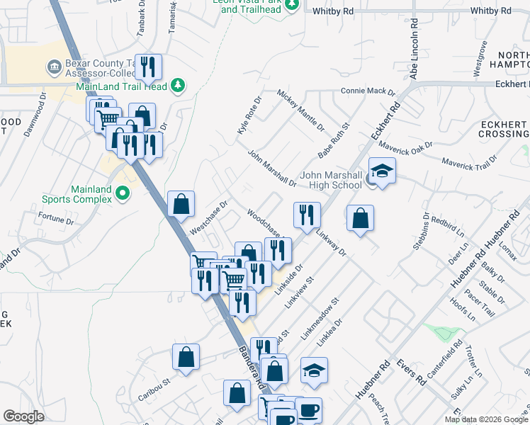 map of restaurants, bars, coffee shops, grocery stores, and more near 7806 Kingsbury Wood in San Antonio