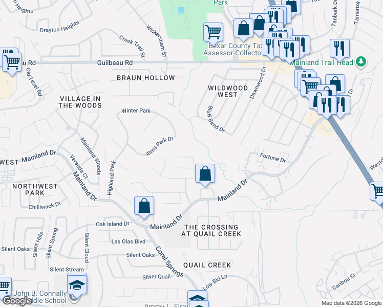 map of restaurants, bars, coffee shops, grocery stores, and more near 8611 Belhaven in San Antonio
