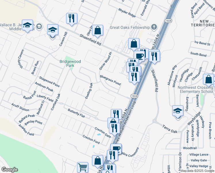 map of restaurants, bars, coffee shops, grocery stores, and more near 10527 Elderpond in San Antonio