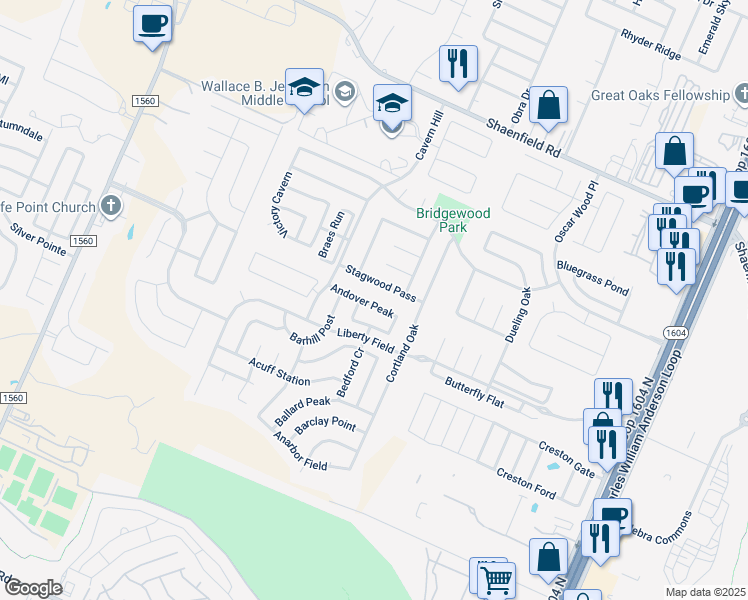 map of restaurants, bars, coffee shops, grocery stores, and more near 11018 Stagwood Pass in San Antonio