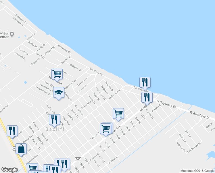 map of restaurants, bars, coffee shops, grocery stores, and more near 4130 Warren St in Bacliff