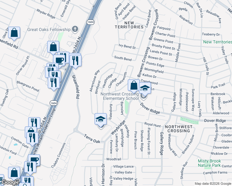 map of restaurants, bars, coffee shops, grocery stores, and more near 7538 Branston in San Antonio