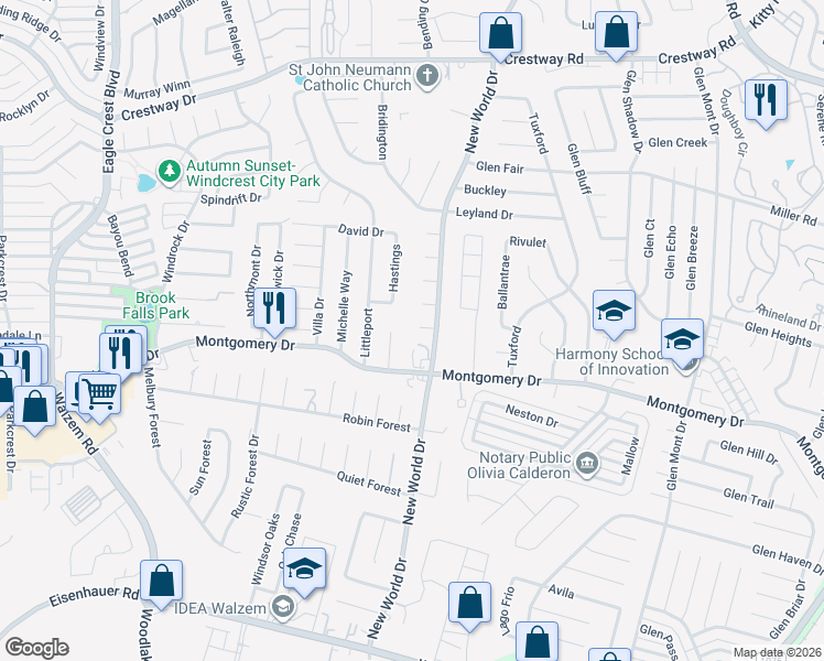 map of restaurants, bars, coffee shops, grocery stores, and more near 6602 Woodford in San Antonio