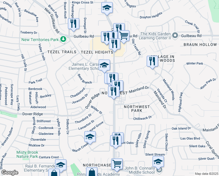 map of restaurants, bars, coffee shops, grocery stores, and more near 7717 Tezel Road in San Antonio