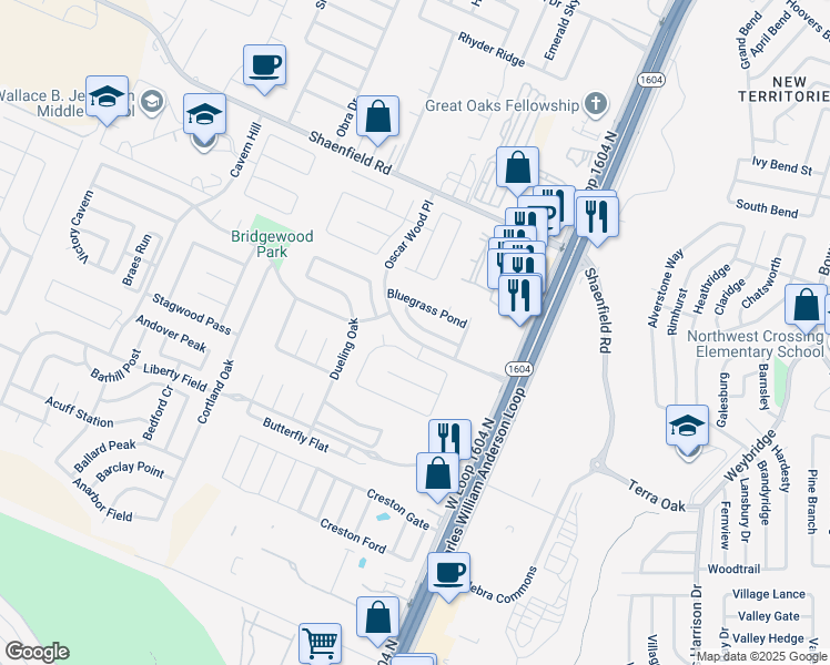 map of restaurants, bars, coffee shops, grocery stores, and more near 10527 Elderpond in San Antonio