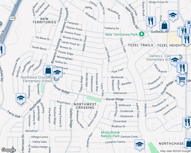 map of restaurants, bars, coffee shops, grocery stores, and more near 7403 Sunscape Way in San Antonio