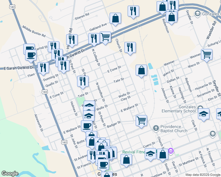 map of restaurants, bars, coffee shops, grocery stores, and more near 1320 North College Street in Gonzales