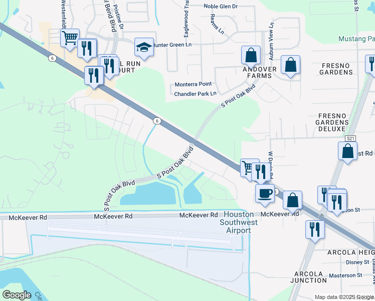 map of restaurants, bars, coffee shops, grocery stores, and more near South Post Oak Boulevard in Arcola