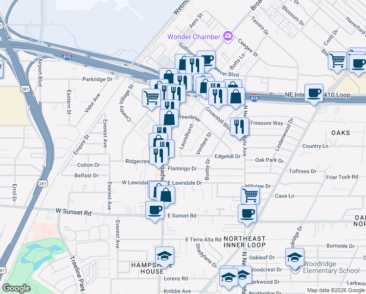 map of restaurants, bars, coffee shops, grocery stores, and more near 8300 Laurelhurst Drive in San Antonio