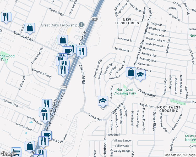 map of restaurants, bars, coffee shops, grocery stores, and more near 7535 Rimhurst in San Antonio