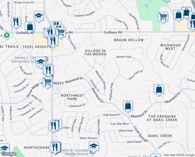 map of restaurants, bars, coffee shops, grocery stores, and more near 8810 Mainland Ridge in San Antonio