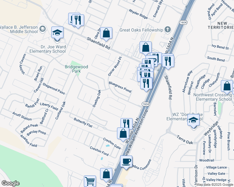 map of restaurants, bars, coffee shops, grocery stores, and more near 10527 Elderpond in San Antonio