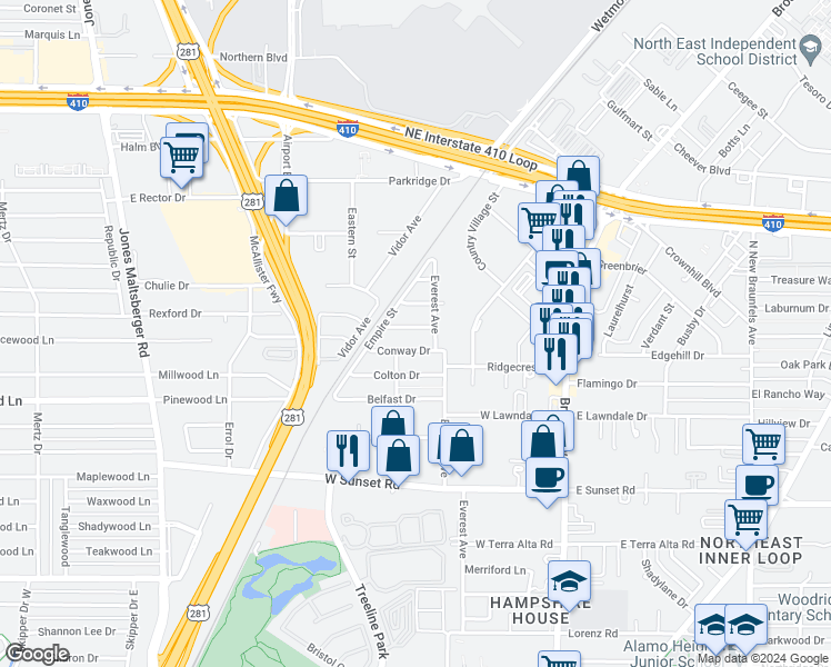 map of restaurants, bars, coffee shops, grocery stores, and more near 130 Jade Drive in San Antonio