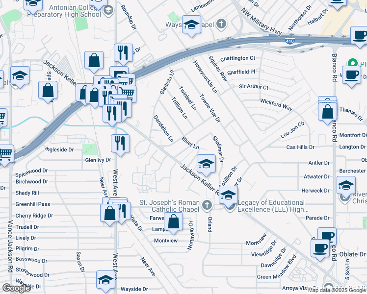 map of restaurants, bars, coffee shops, grocery stores, and more near 202 Shalimar Drive in San Antonio