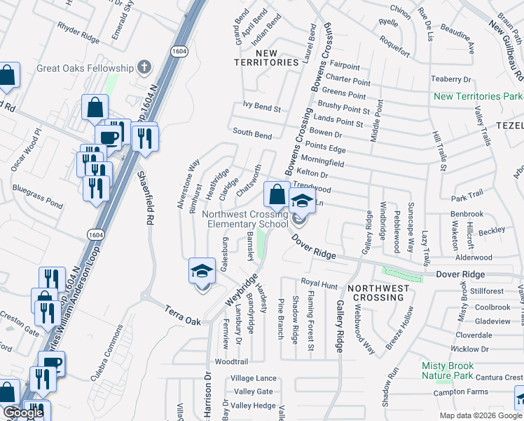 map of restaurants, bars, coffee shops, grocery stores, and more near 10023 Ink Wells Drive in San Antonio