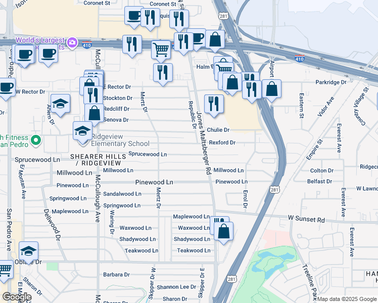 map of restaurants, bars, coffee shops, grocery stores, and more near 443 Sprucewood Lane in San Antonio