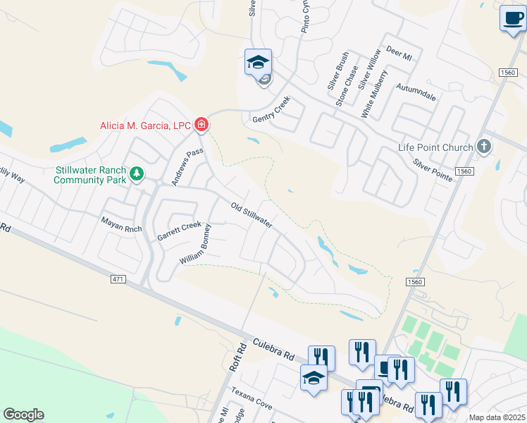 map of restaurants, bars, coffee shops, grocery stores, and more near 7806 Rushing Creek in San Antonio