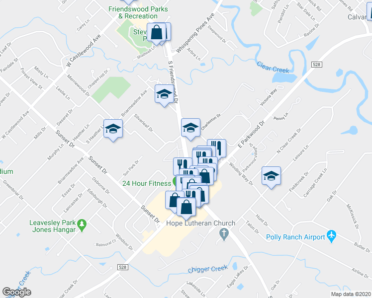 map of restaurants, bars, coffee shops, grocery stores, and more near 1535 South Friendswood Drive in Friendswood