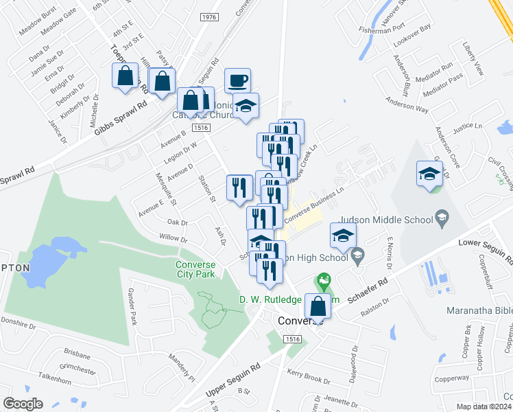 map of restaurants, bars, coffee shops, grocery stores, and more near 709 South Seguin Road in Converse